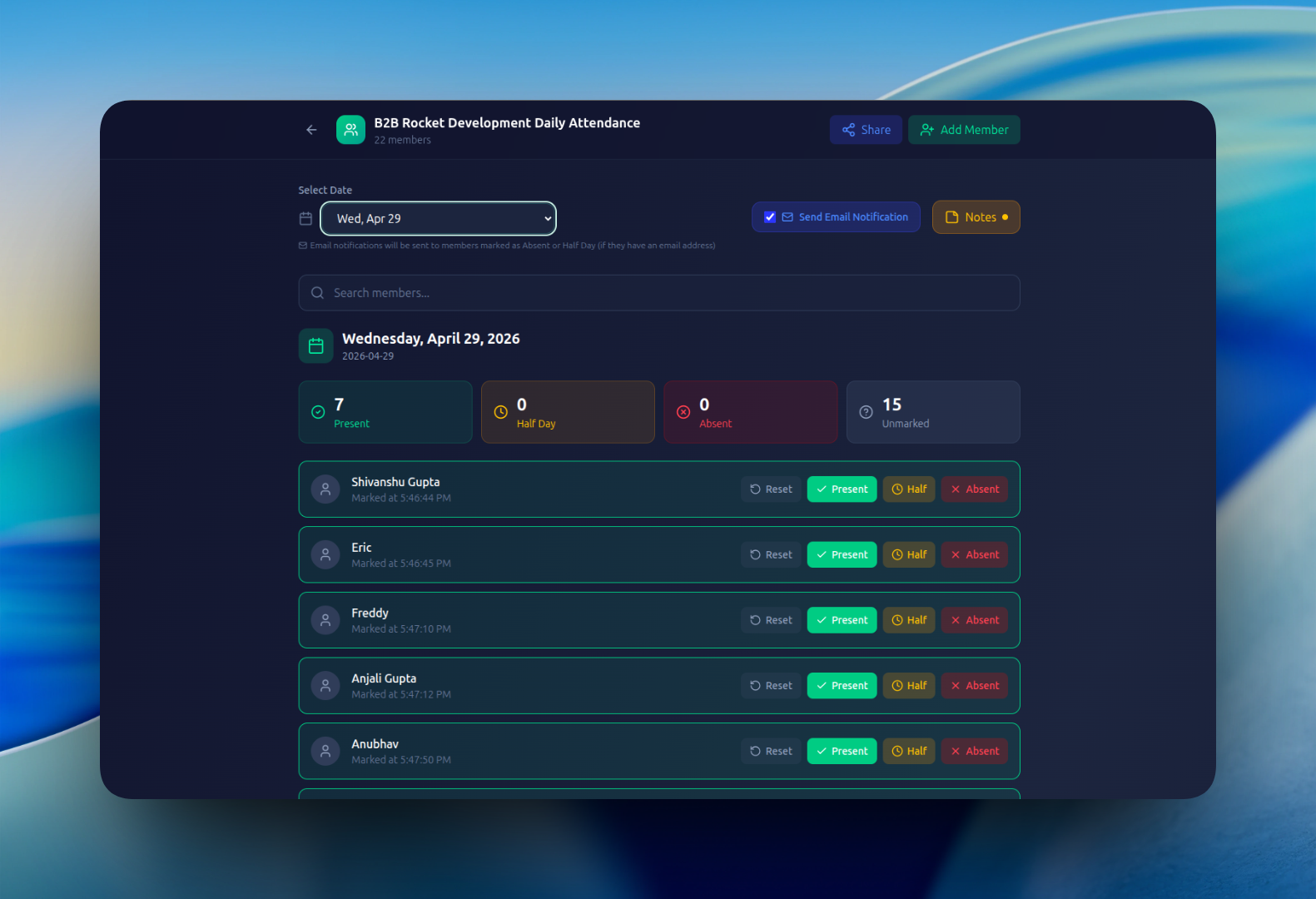 Simple Attendance — dashboard overview